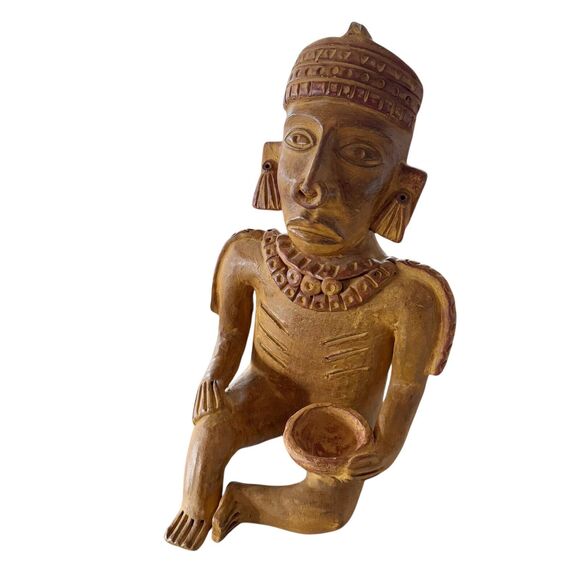 Mayan Aztec Pre Columbian Terracotta Statue Figure Seated Offering Bowl 16x10x8” - Picture 3 of 13